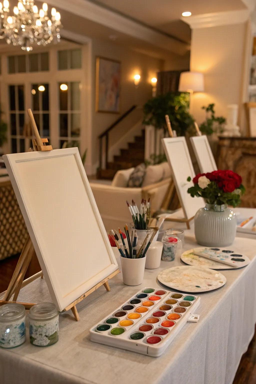 An appealing painting area is prepared for guests eager to create their artwork.