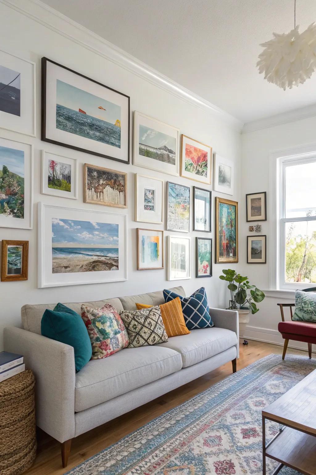 A varied gallery wall showcasing an array of frame designs and art prints.