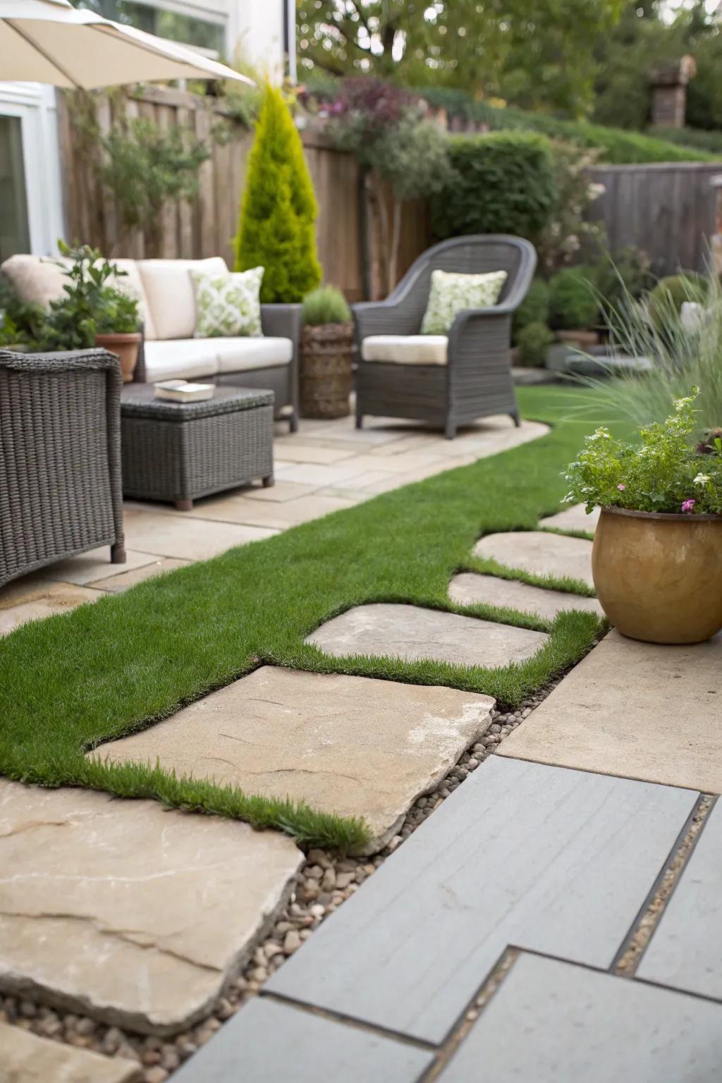 Harmonious flow from patio to garden with synthetic turf.