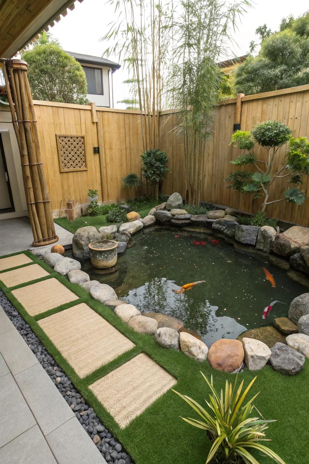Discover tranquility within your own Zen garden using low-upkeep artificial turf.
