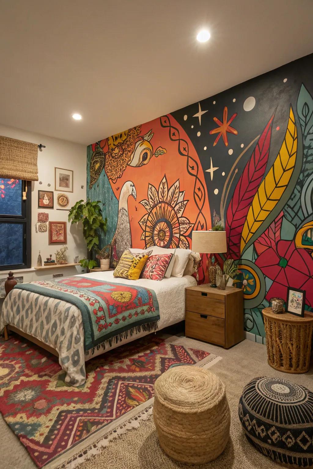 A daring feature wall can become the centerpiece of your artistic bedroom.