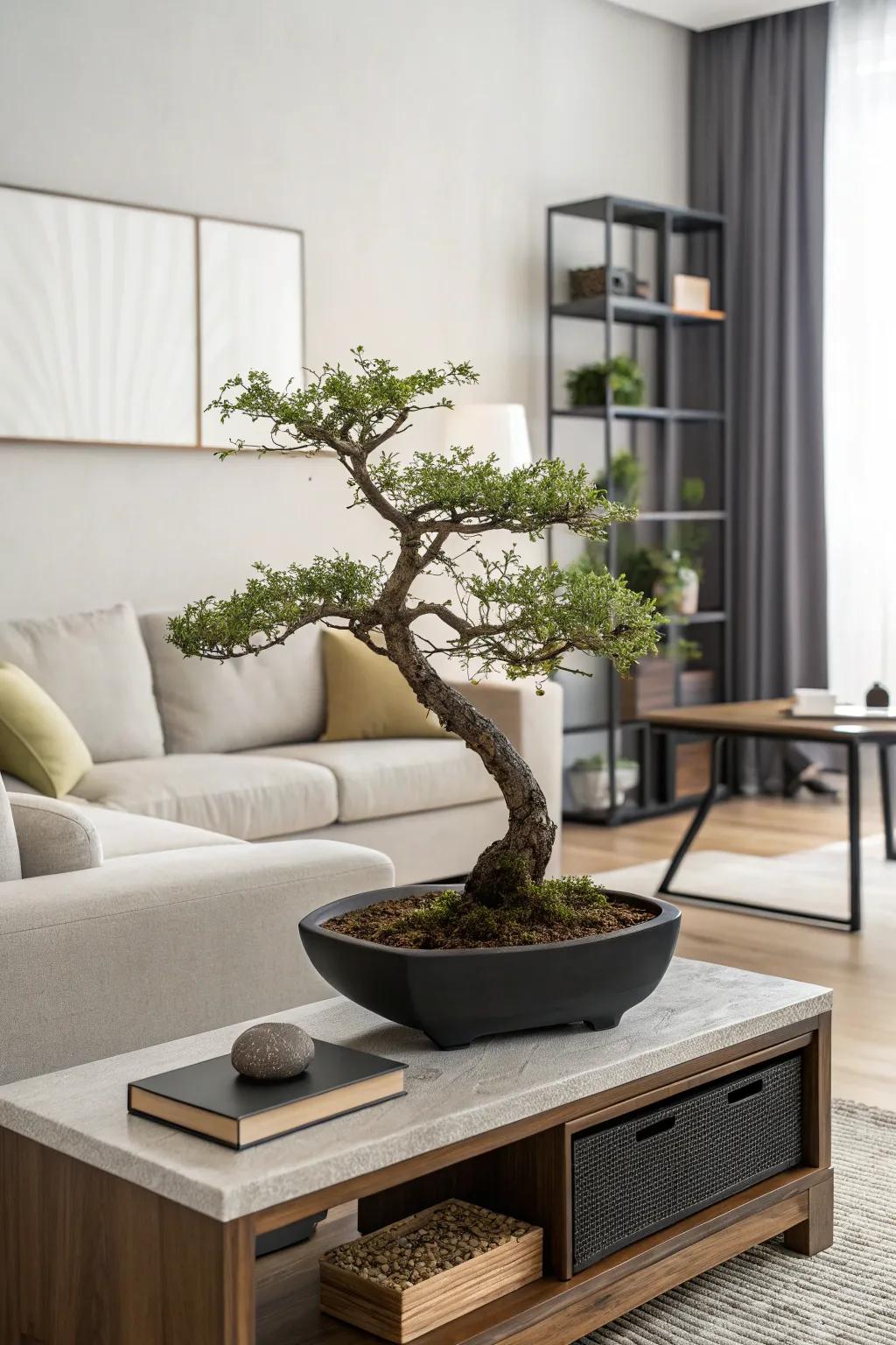 A little tree adding a hint of the outdoors and serenity to a living area.