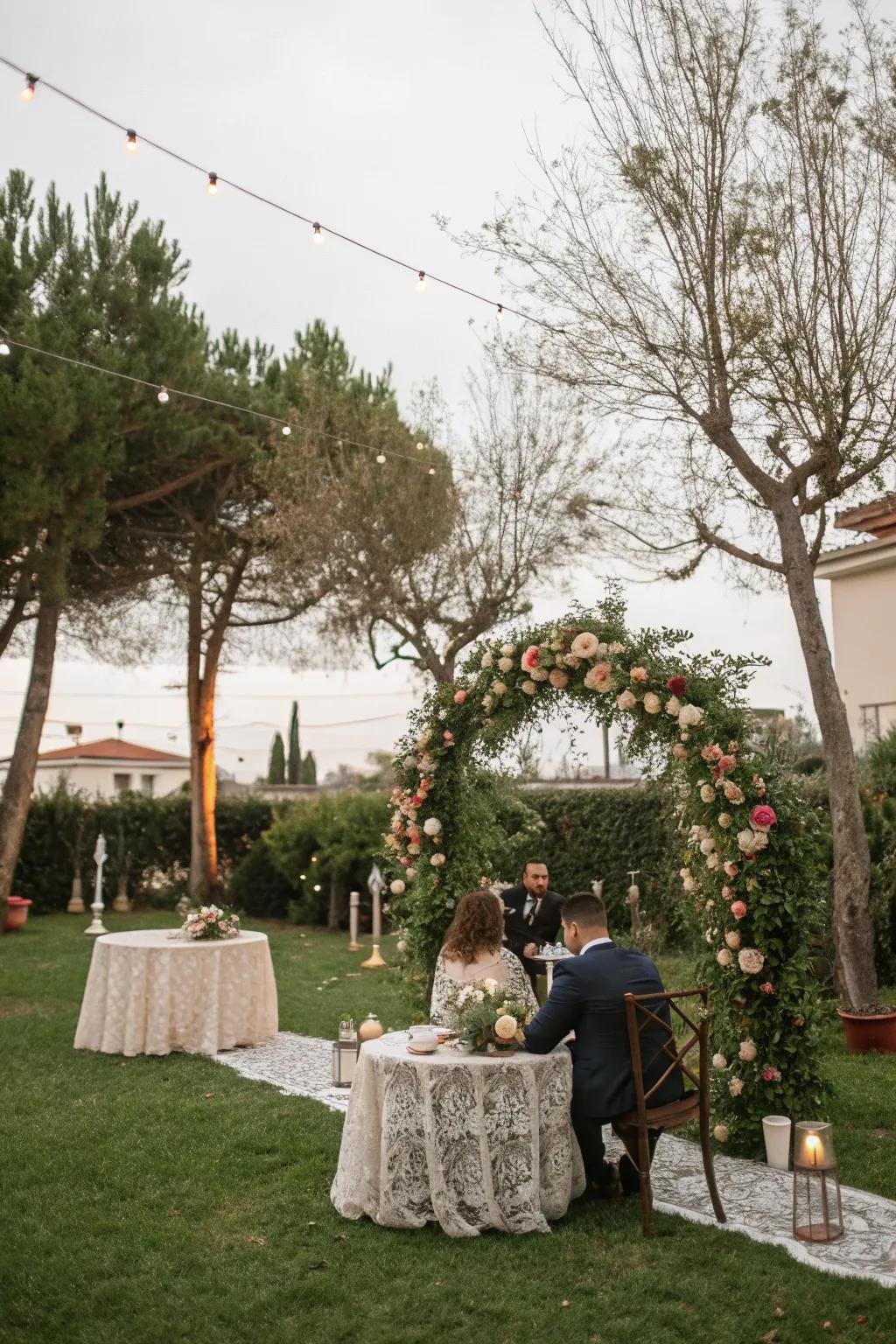 A courtyard converted into a wedding locale incorporating elements of the natural world.