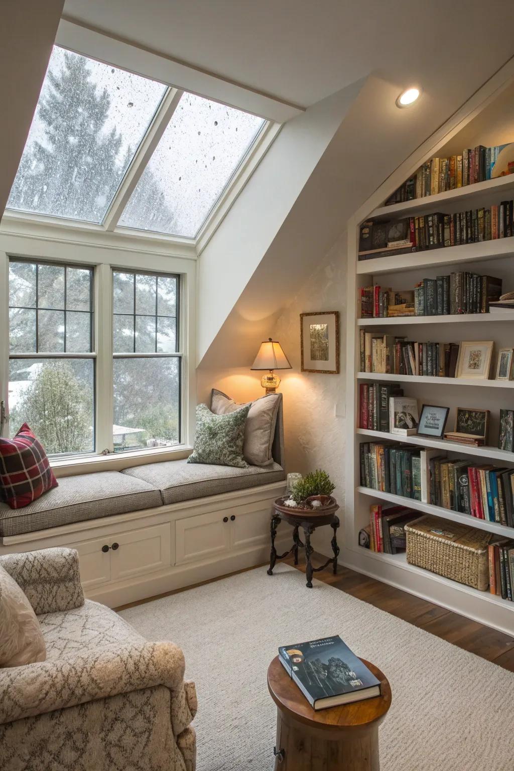 Transform your attic into a haven for book enthusiasts with a snug reading retreat.