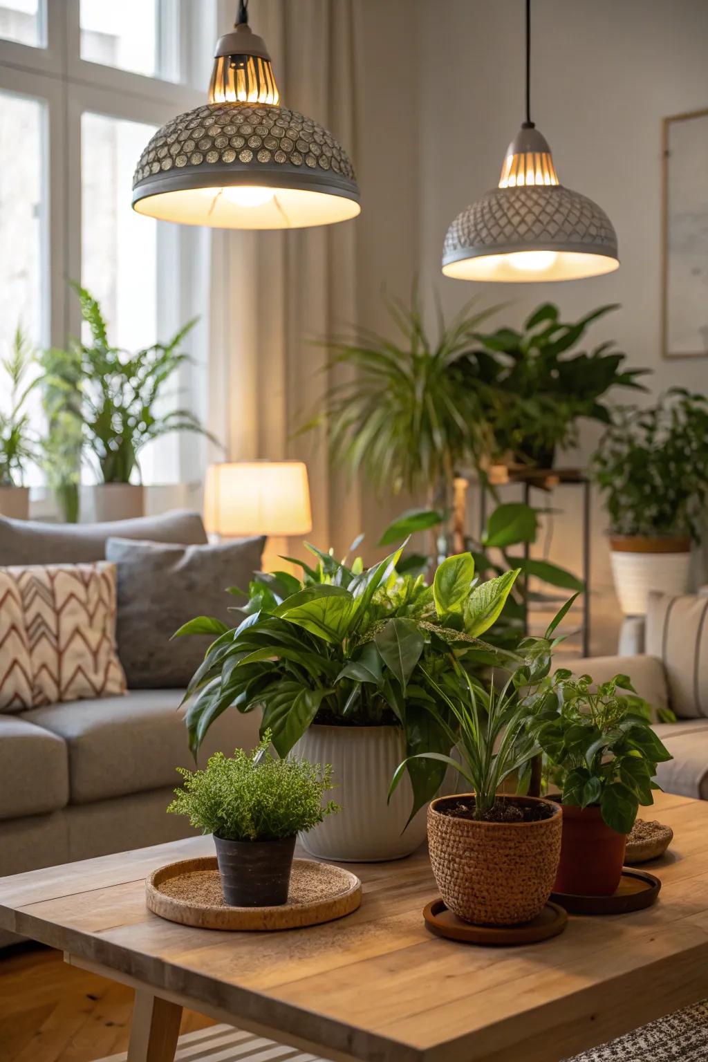 Hanging grow lights gracefully brightening a diverse array of houseplants.