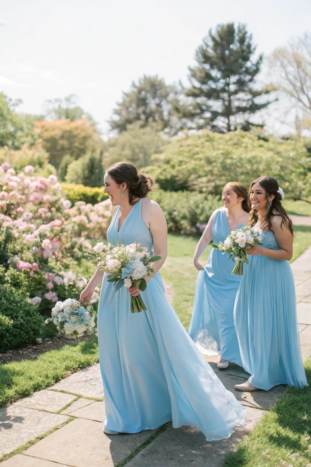 Pale azure bridesmaid dresses give a revitalizing and sophisticated ambiance to the bridal gathering.