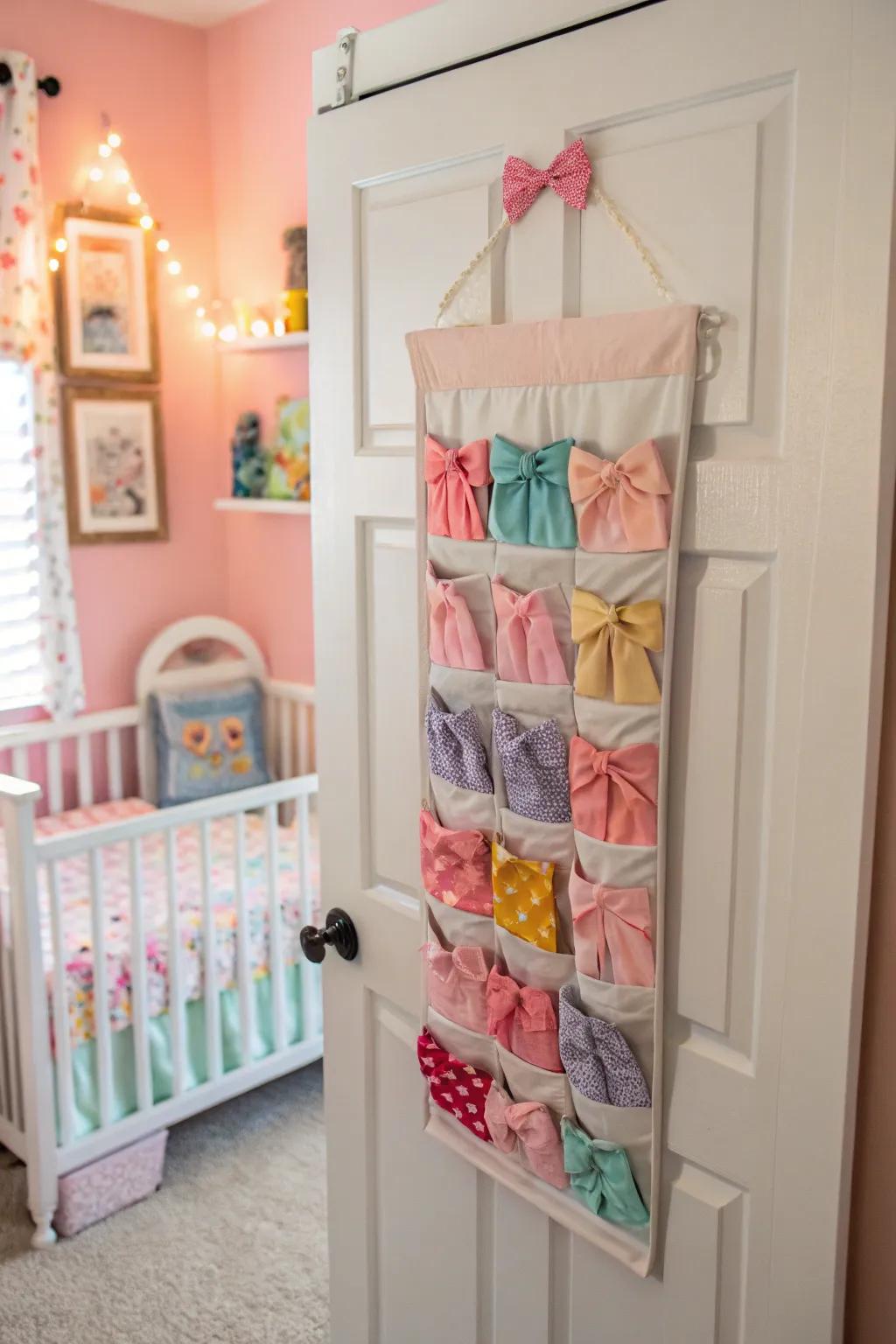 Effective use of space with hanging organizers for baby bows.