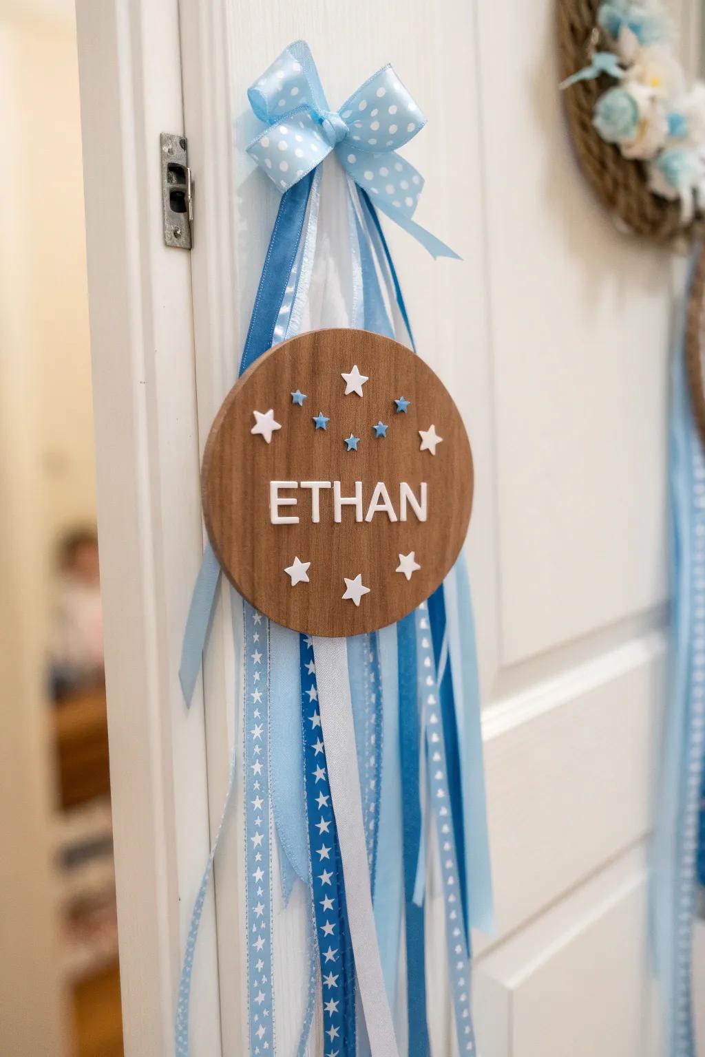 A personalized timber name sign door hanger with charming celestial accents.