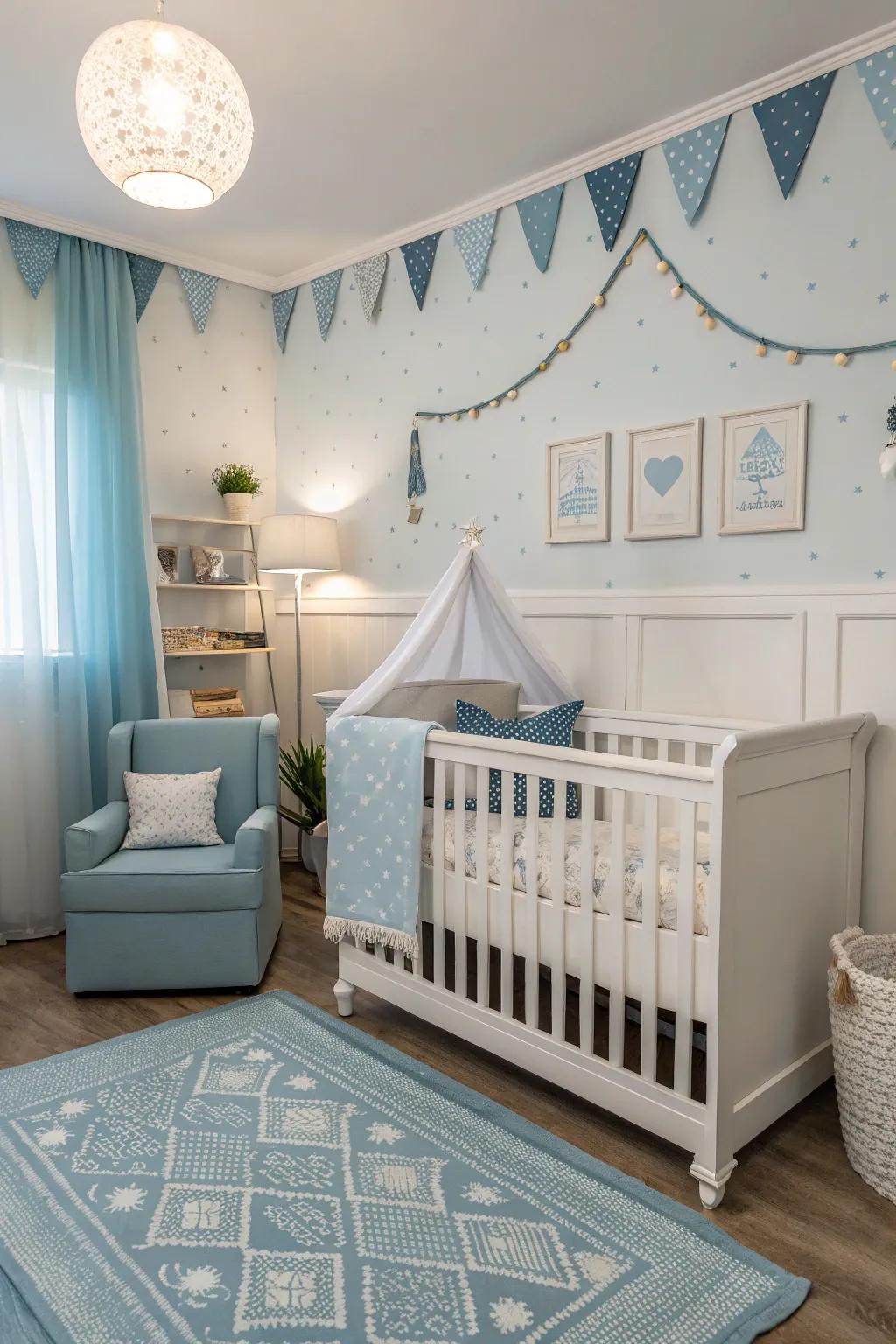 A peaceful nursery featuring soft blue and white hues for a soothing atmosphere.