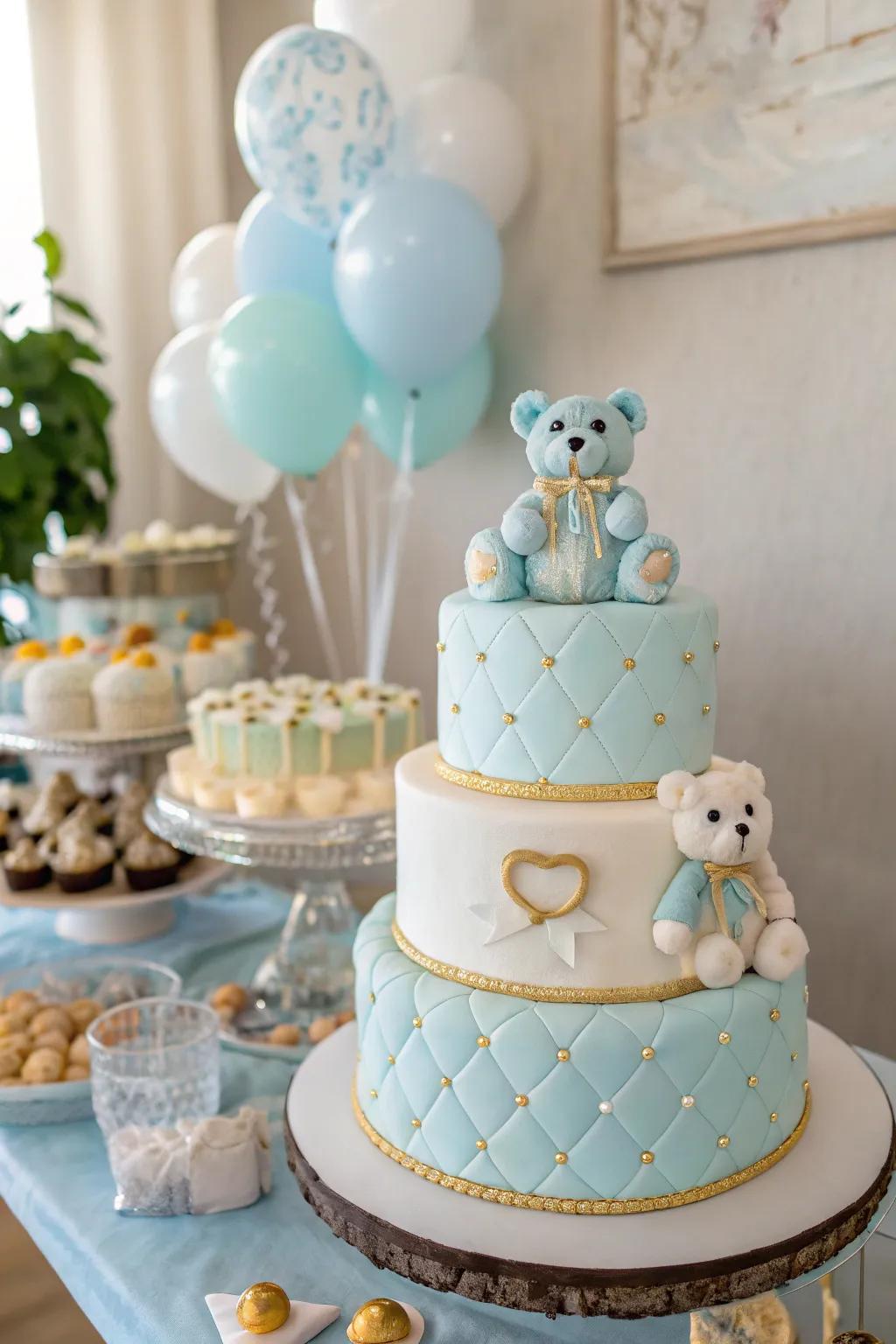 A baby shower cake decorated with endearing teddy bears.