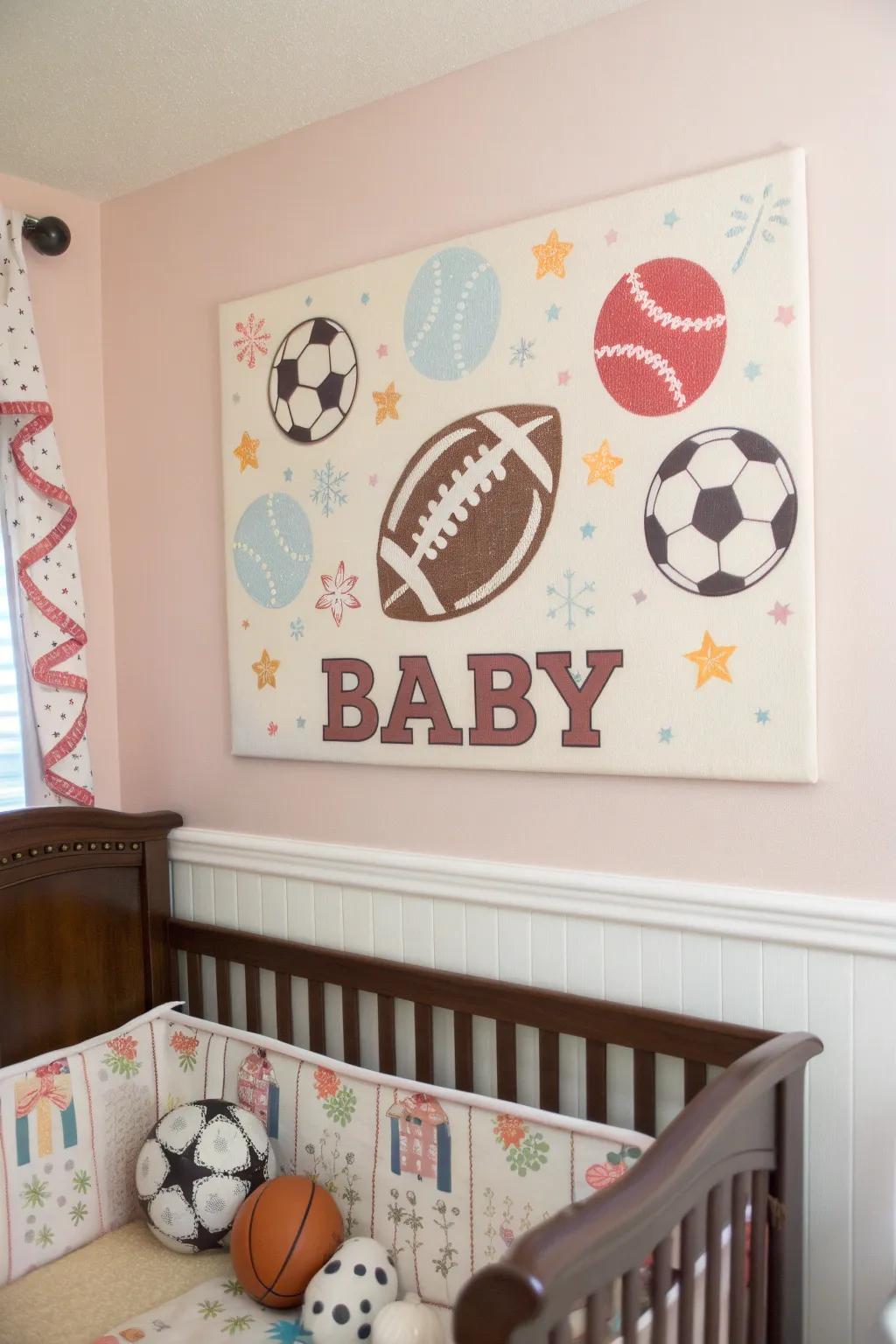 Bespoke sports-themed art on the walls adds a personal and loving touch to the nursery.