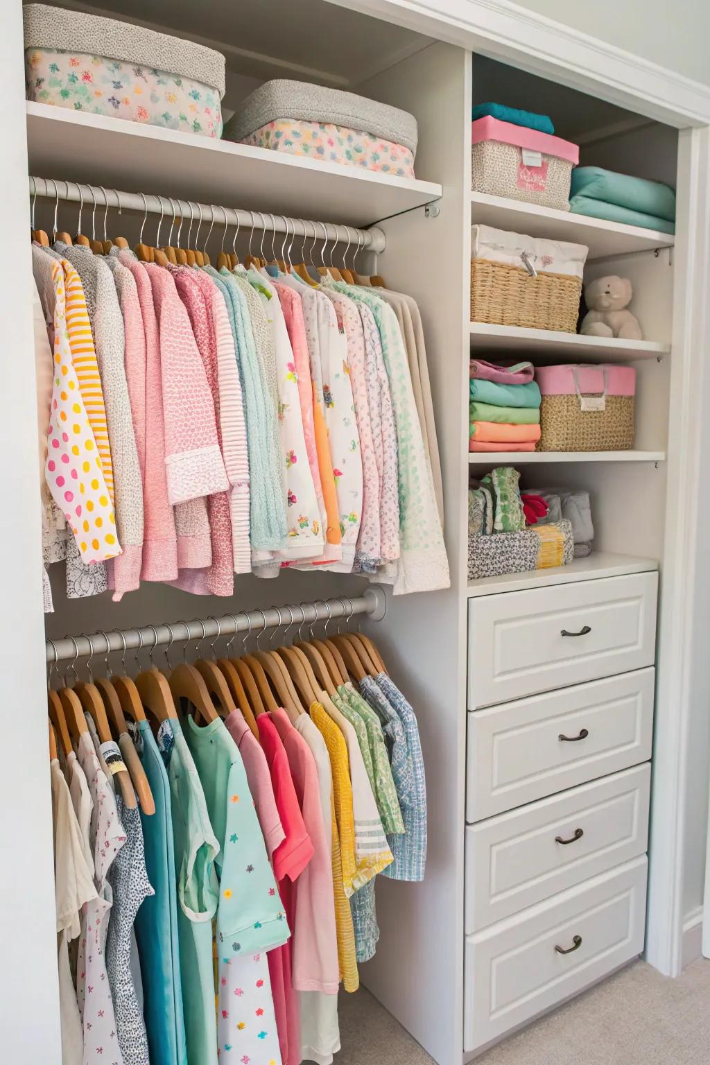 Double hanging rods boost closet space for baby clothes.