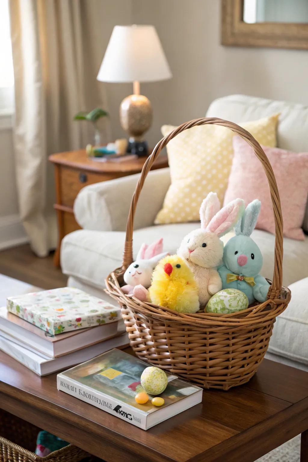 A basket filled with soft stuffed animals, ideal for little ones.