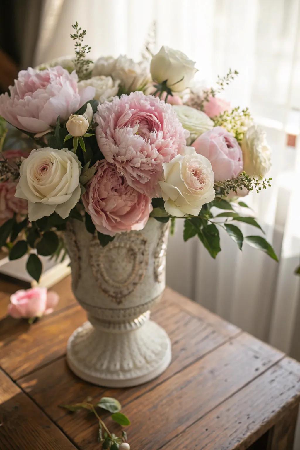 A magical floral centerpiece boasting soft pink peonies and pure white roses.