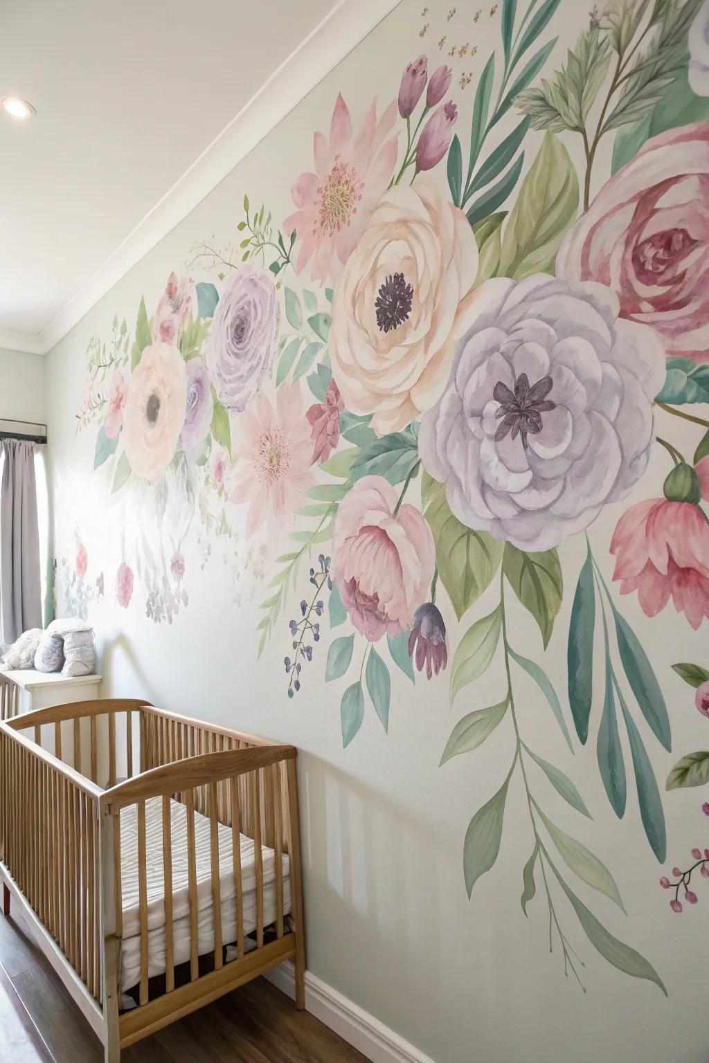 A nursery showcasing a beautiful floral mural.