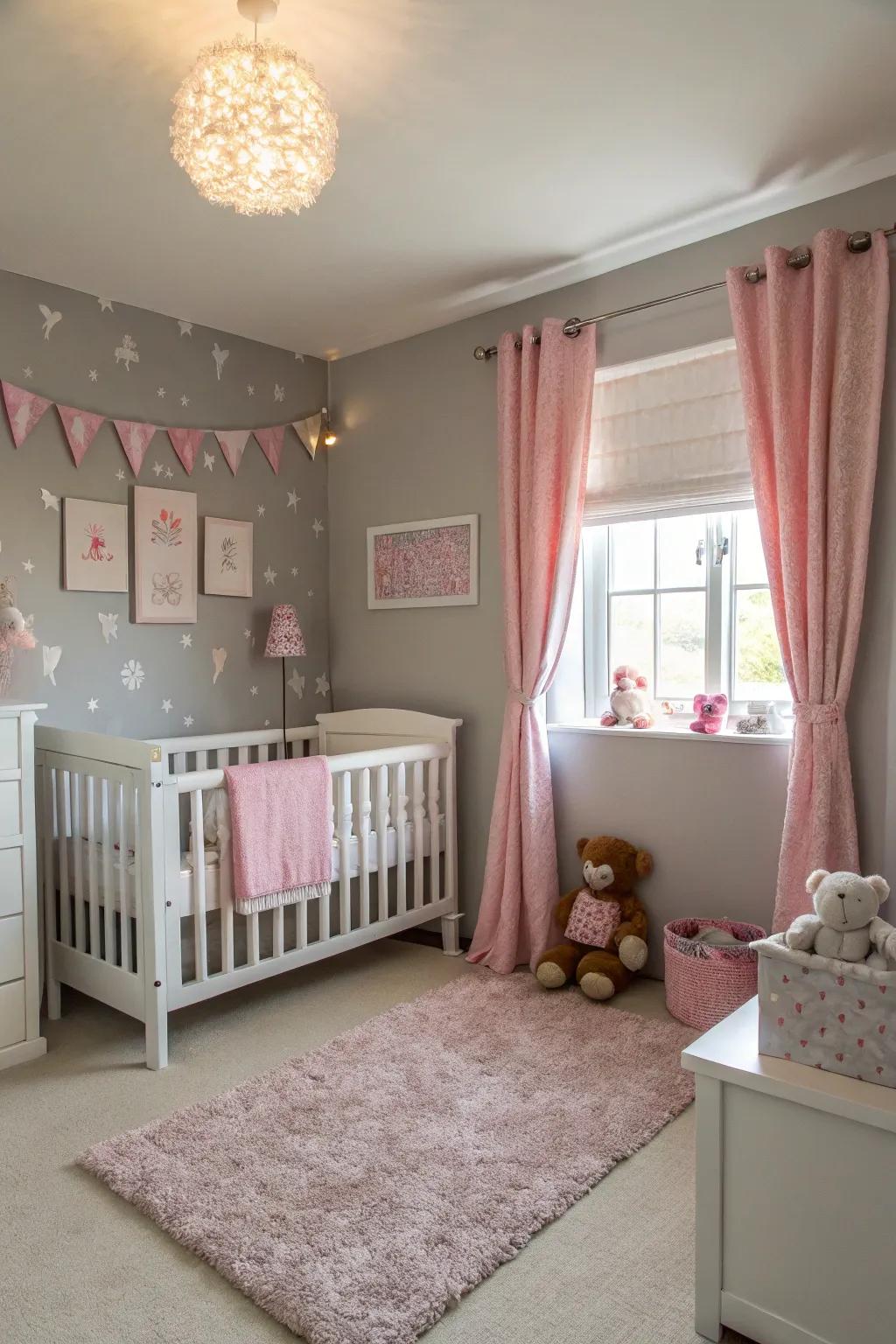 Tranquility in grey accentuated by pink highlights in a baby girl's sanctuary.