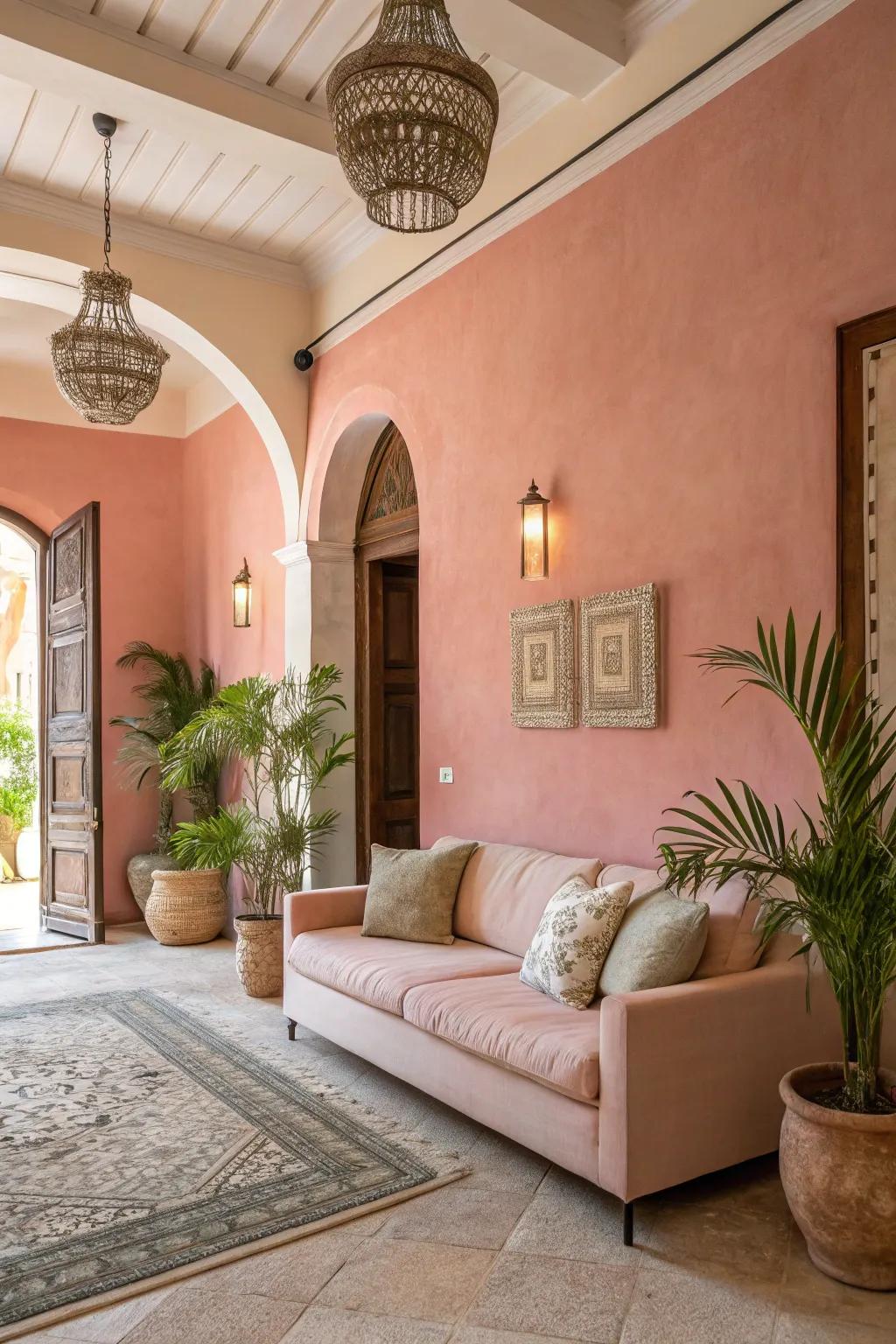 A chamber featuring delicate rose walls coupled with muted furnishings for a serene atmosphere.