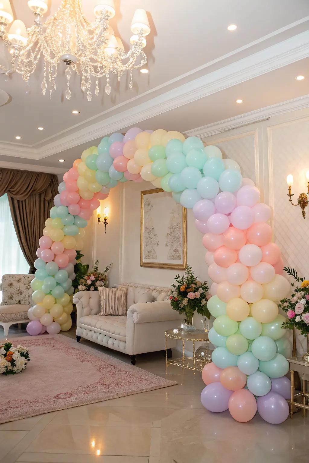 A cheerful pastel balloon arch offers a warm welcome.