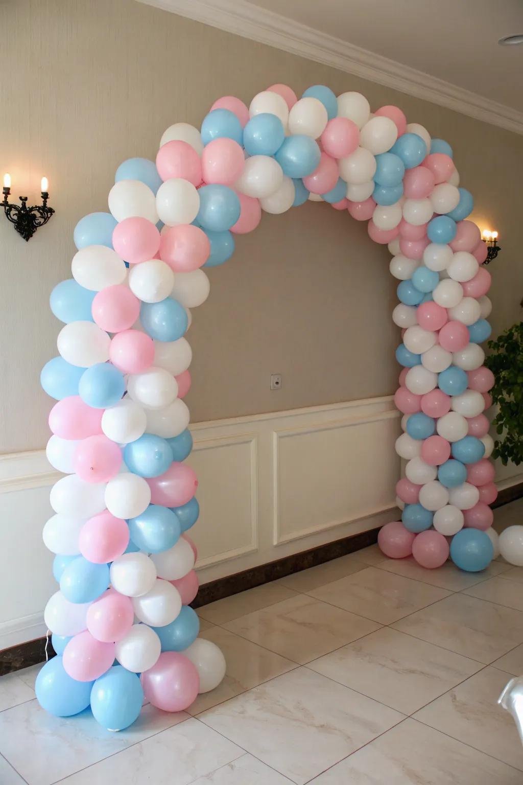 A timeless balloon gateway in soft hues crafts a welcoming portal.