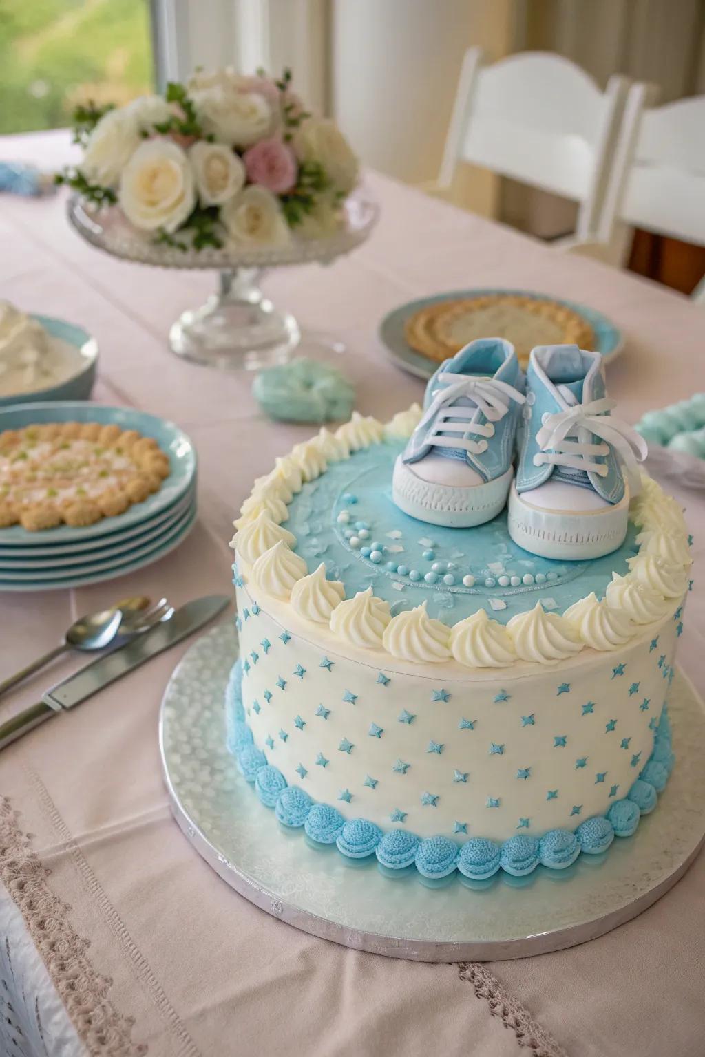 Timeless azure and white buttercream cake adorned with baby booties.
