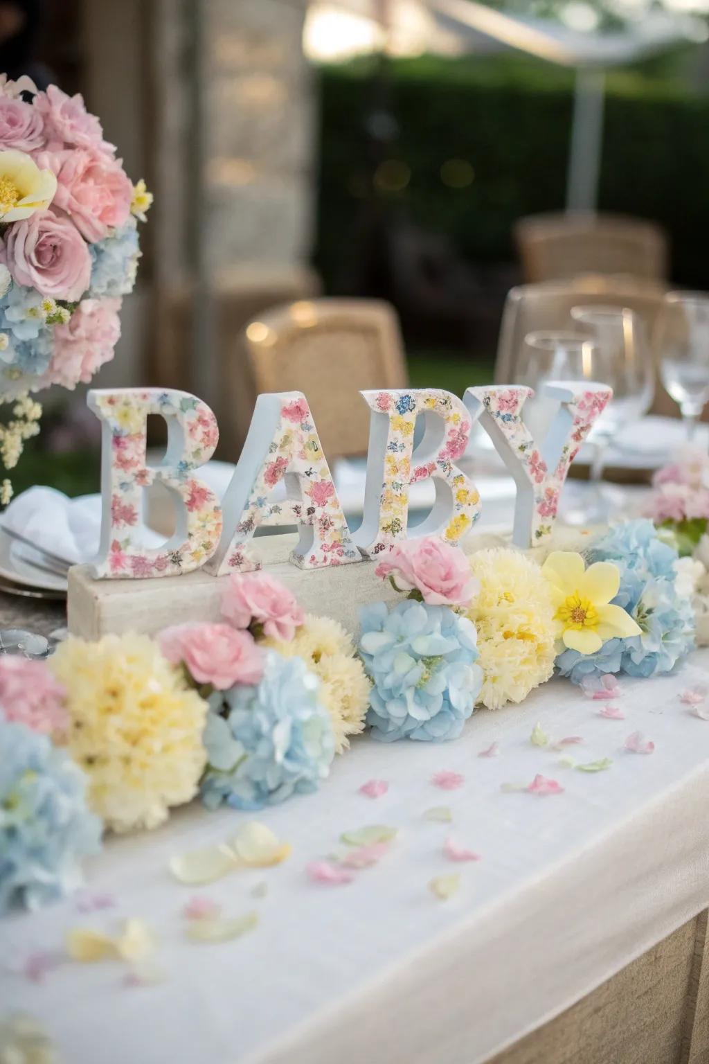 Botanical letters spelling 'BABY' create a whimsical focal point.