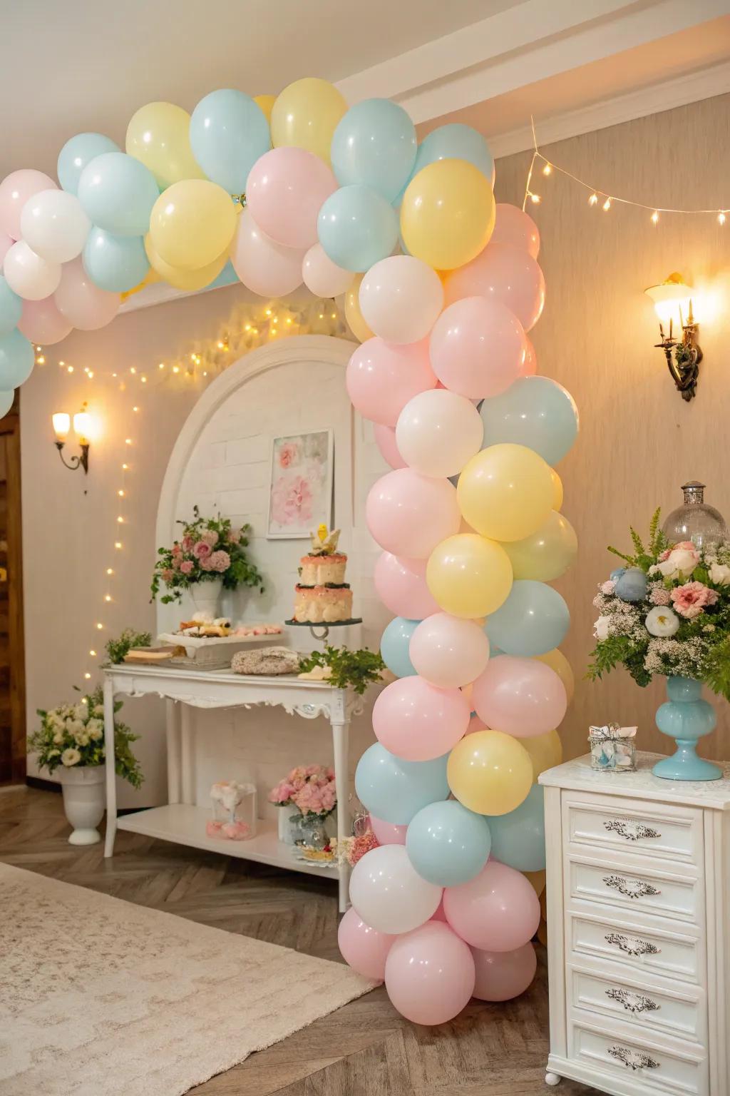 A soft-toned balloon adornment beautifully accentuates the baby shower location, establishing an enchanting setting.