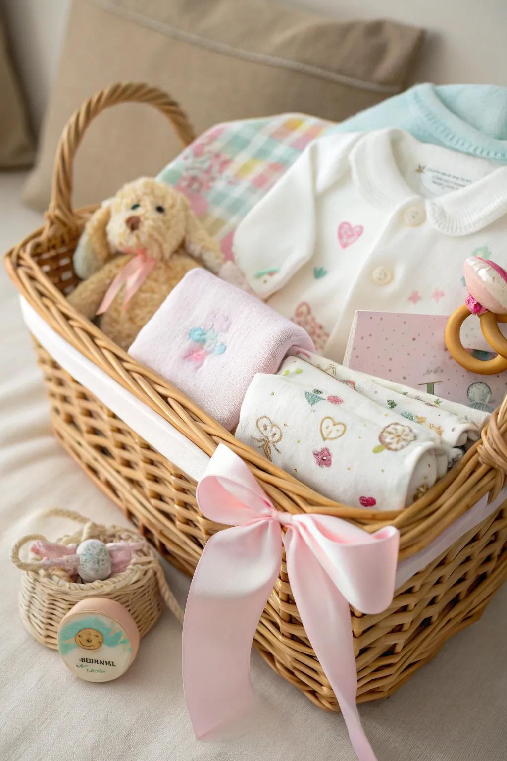 A meticulously arranged basket filled with baby essentials, ideal for a unified gift presentation.