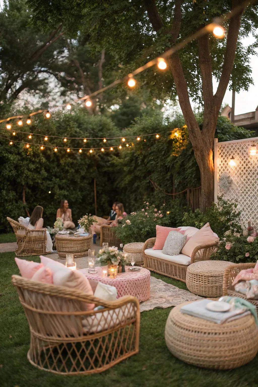 An elegant outdoor lounge featuring wicker furniture and muted-tone cushions.