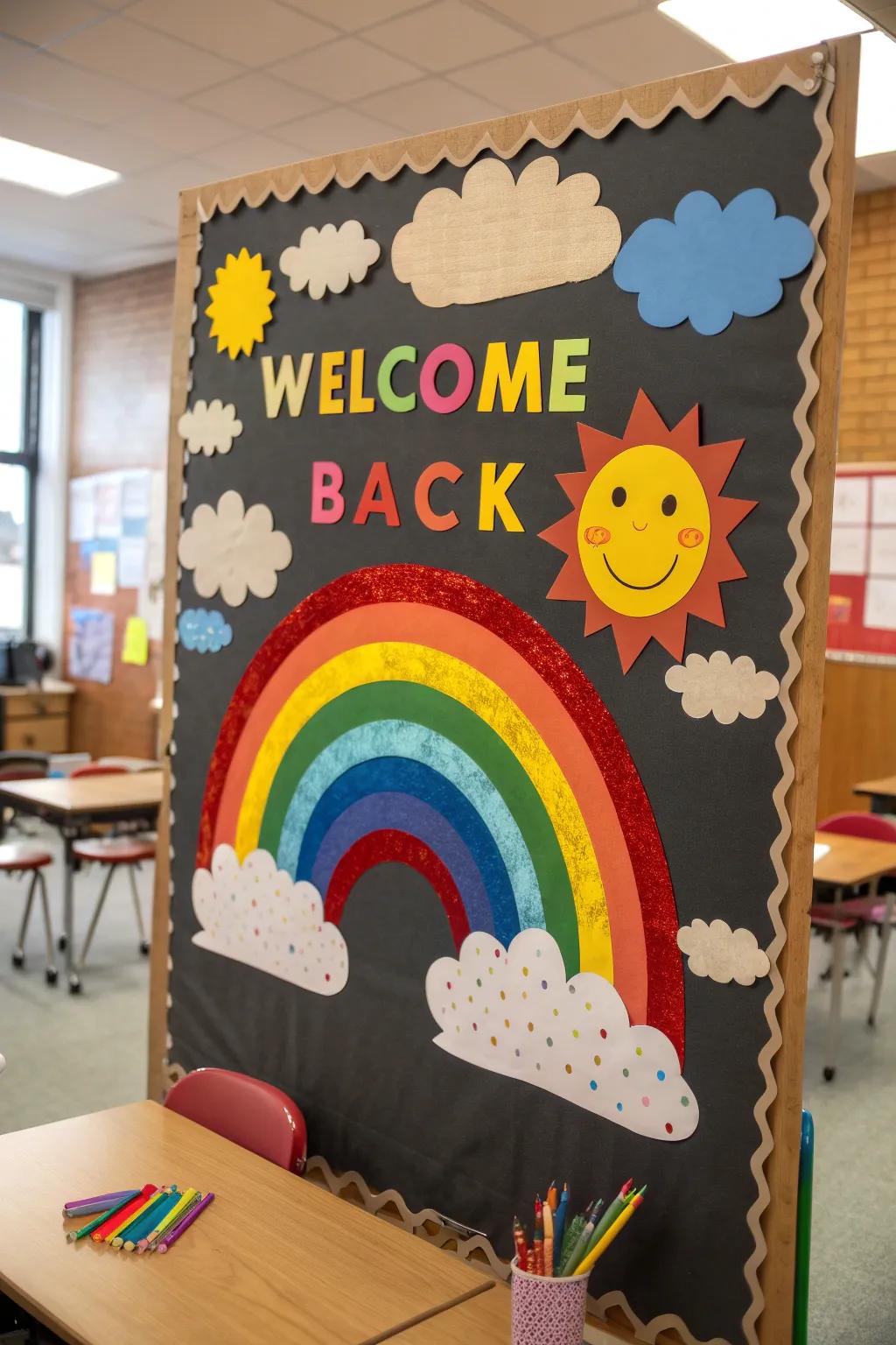 A bright rainbow-themed bulletin board to light up any classroom.
