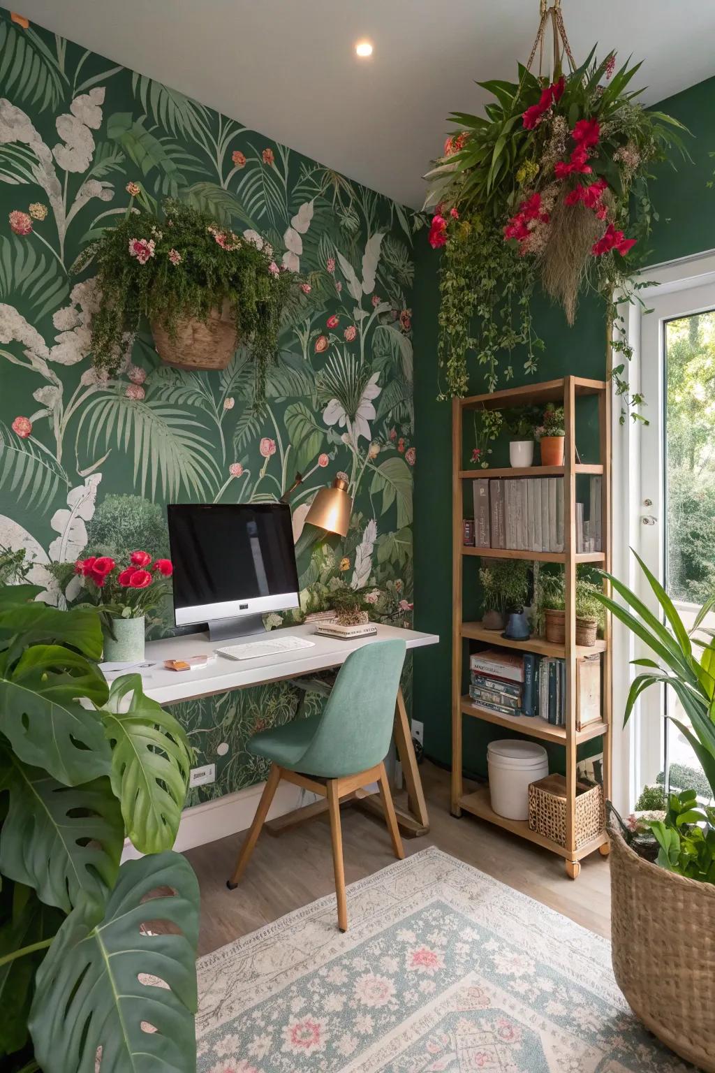 A home office with plant-themed paper, lush greenery, and floral accents.