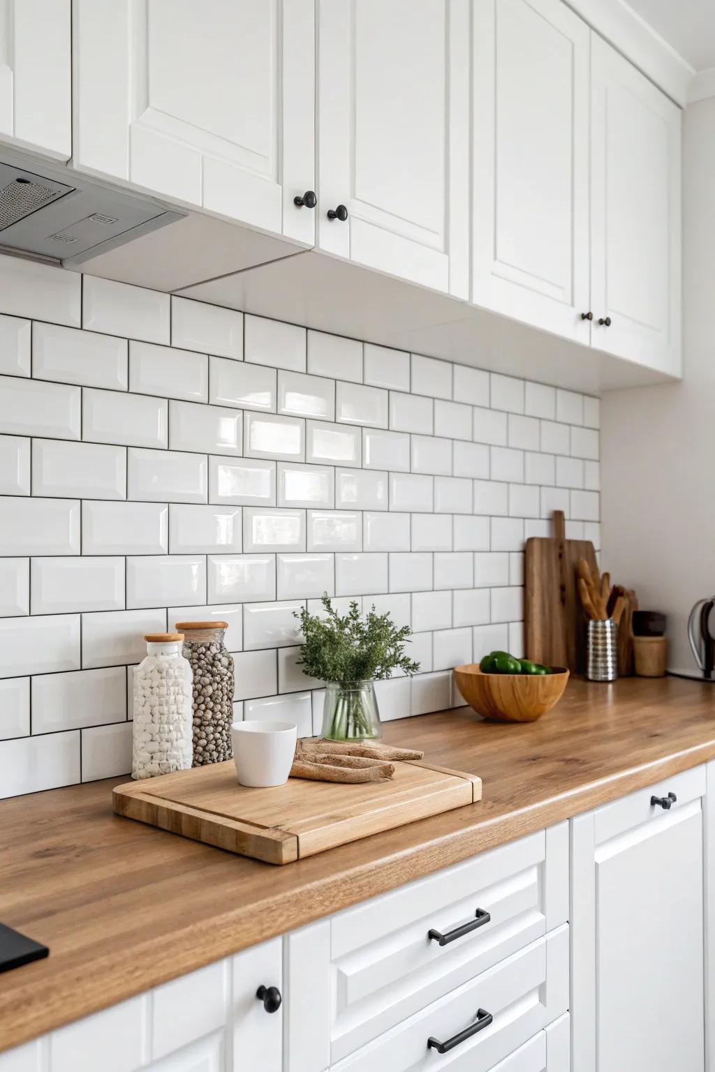 Ageless sophistication using ivory brick tiles and butcher block.