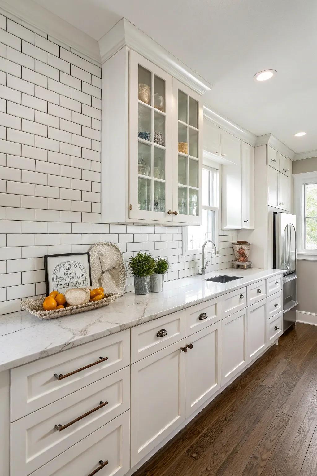 Classic white bricks infuse a timeless essence into this sophisticated kitchen.