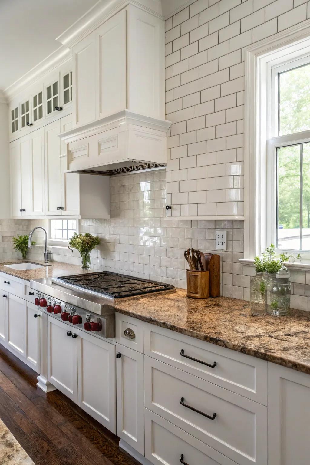 Ivory square tiles craft a quintessential backdrop for fantasy brown granite.