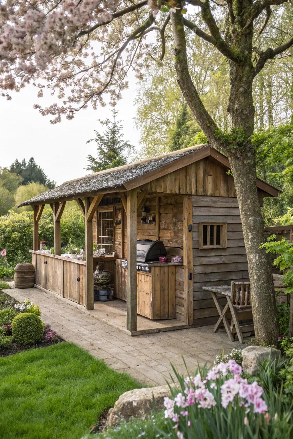 A rustic wooden BBQ retreat nestled in nature.