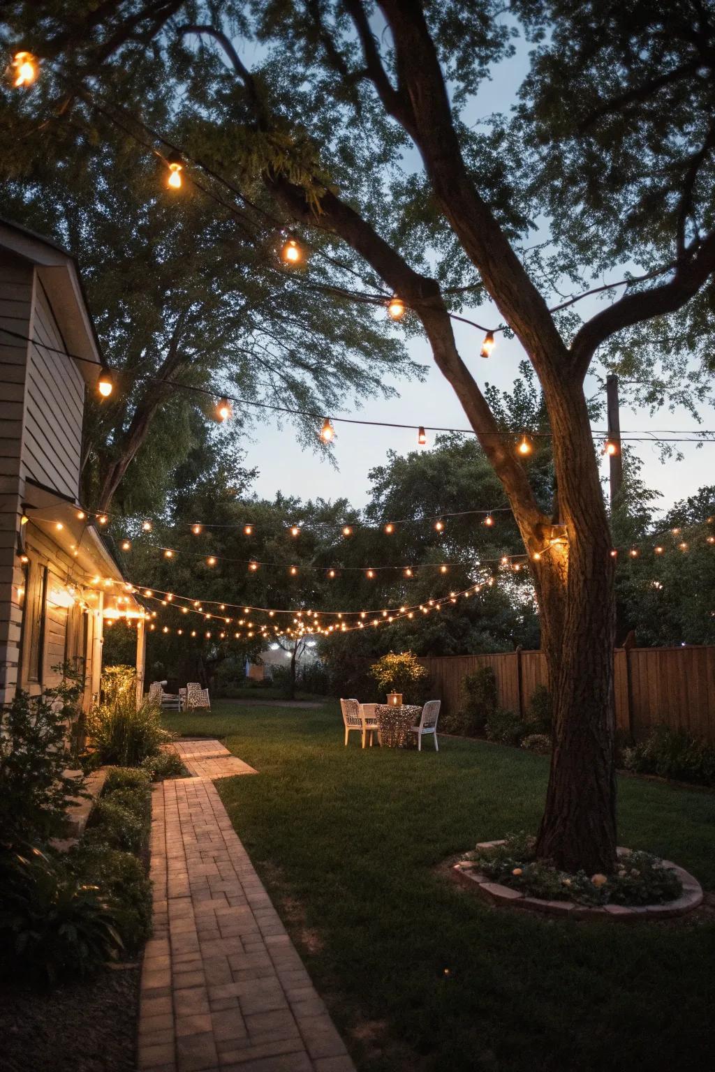 String lights bring a magical glow to backyard evening gatherings.