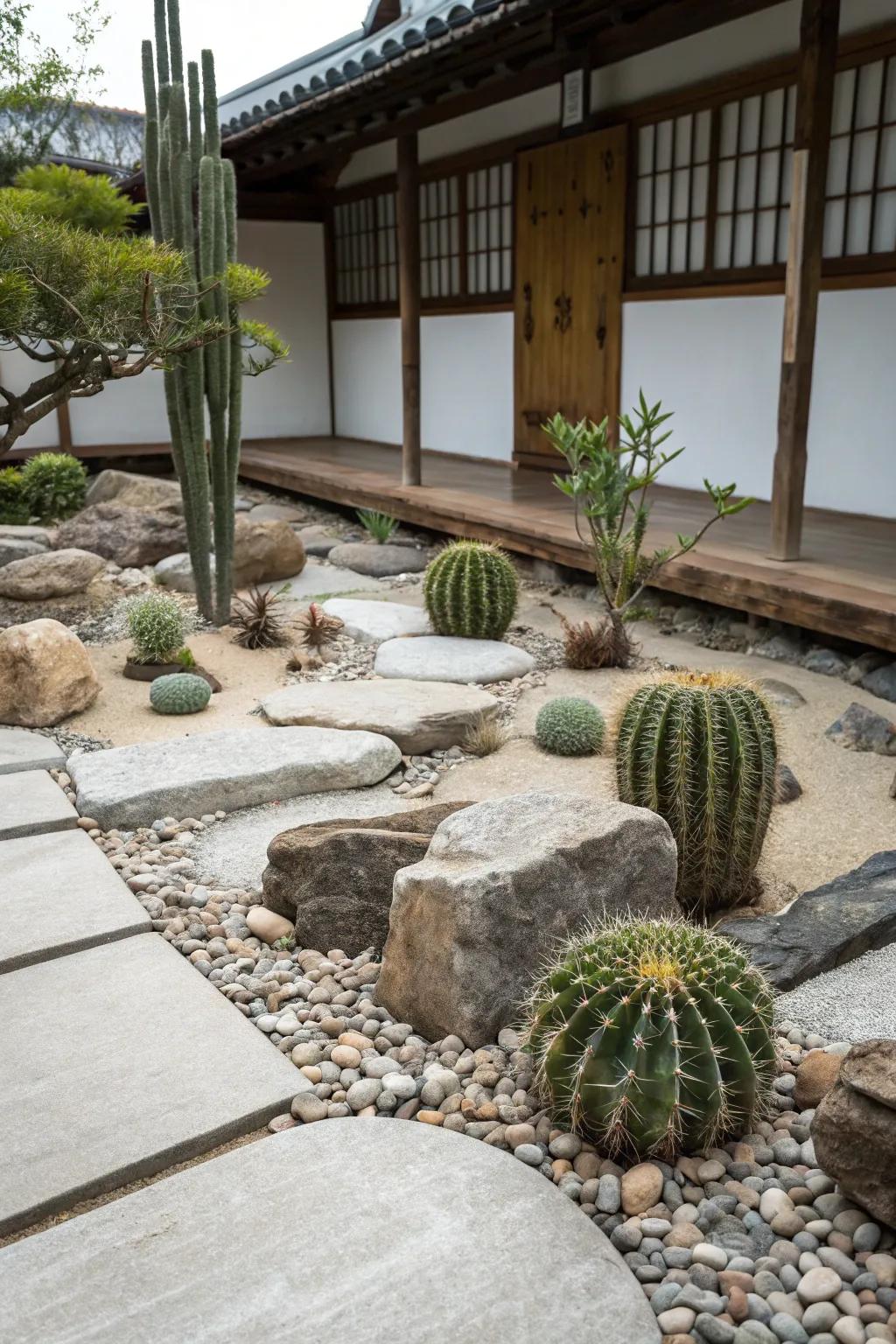 A tranquil Zen cactus garden showcasing the harmony between containers, stones, and cacti.