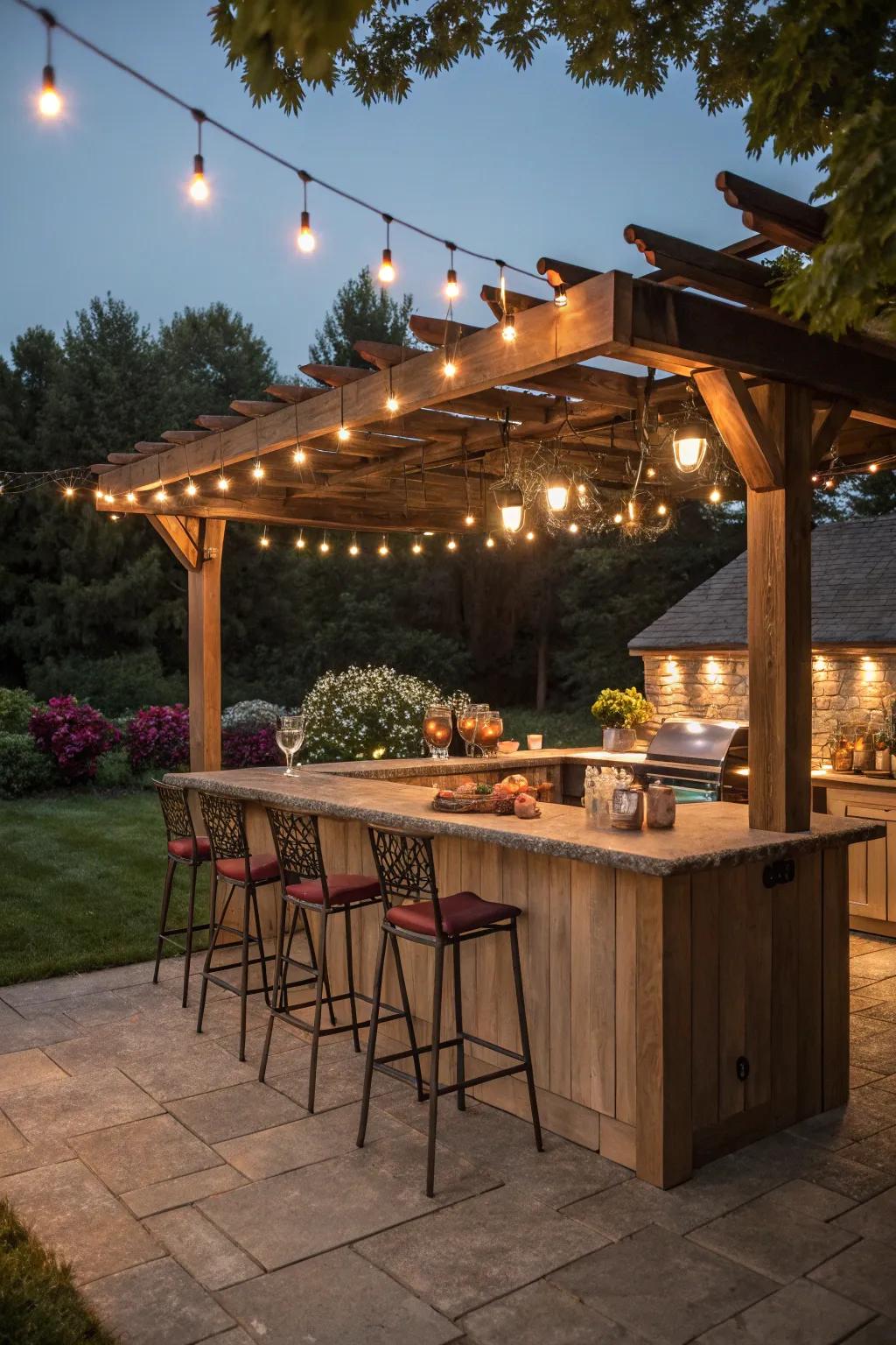 A country-style arbor establishes a captivating scene for an outdoor cooking area.