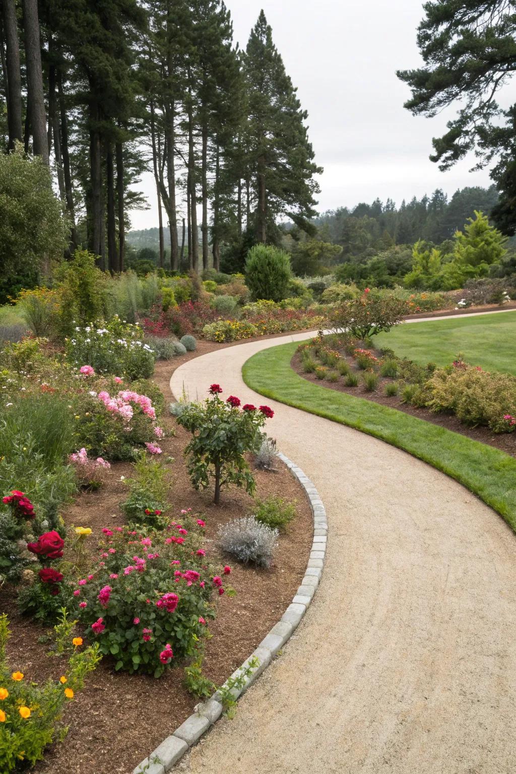 A decomposed granite path meanders through a lush garden, offering a peaceful escape.