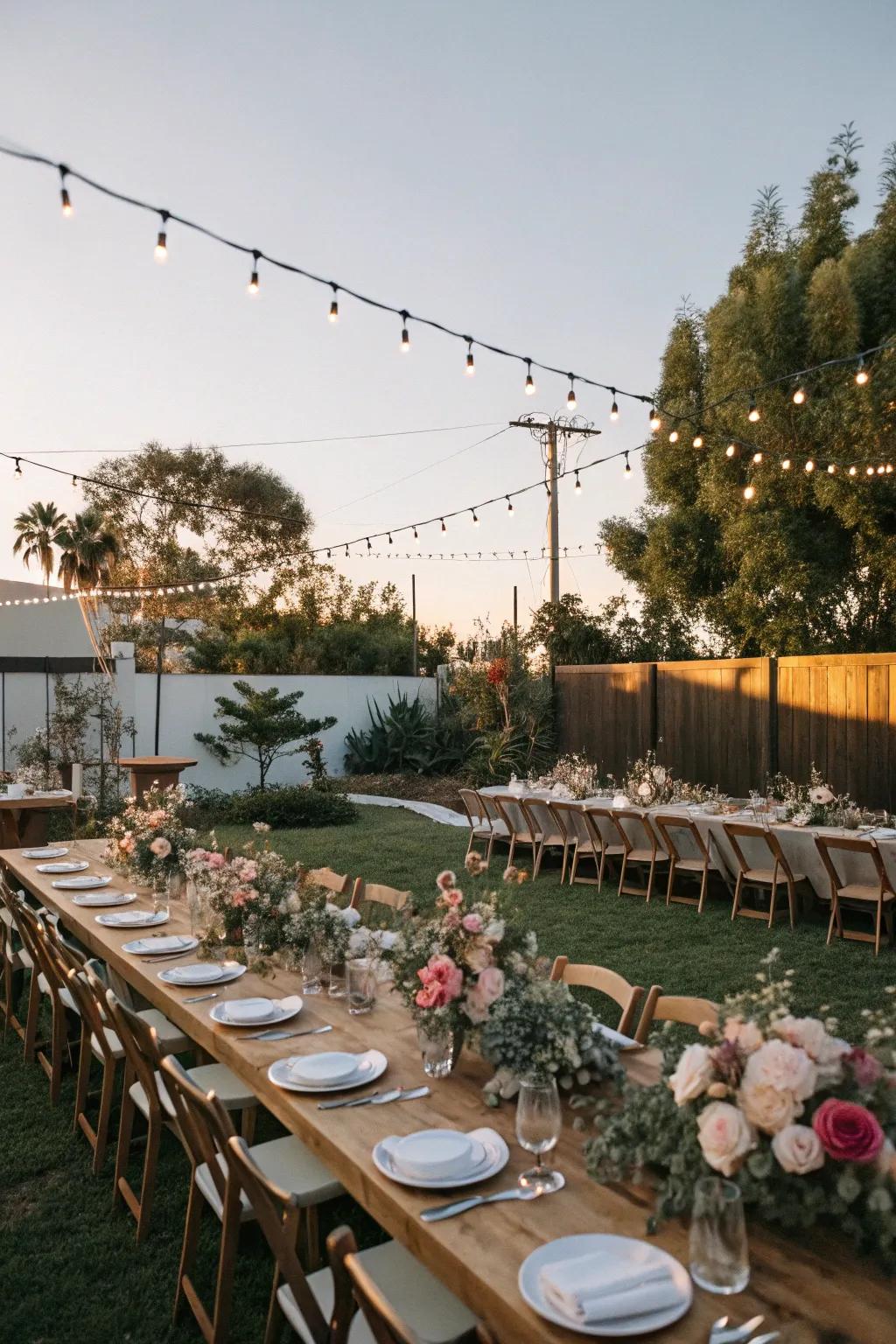 An outdoor feast set up with long tables and floral decorations perfect for a rustic engagement celebration.