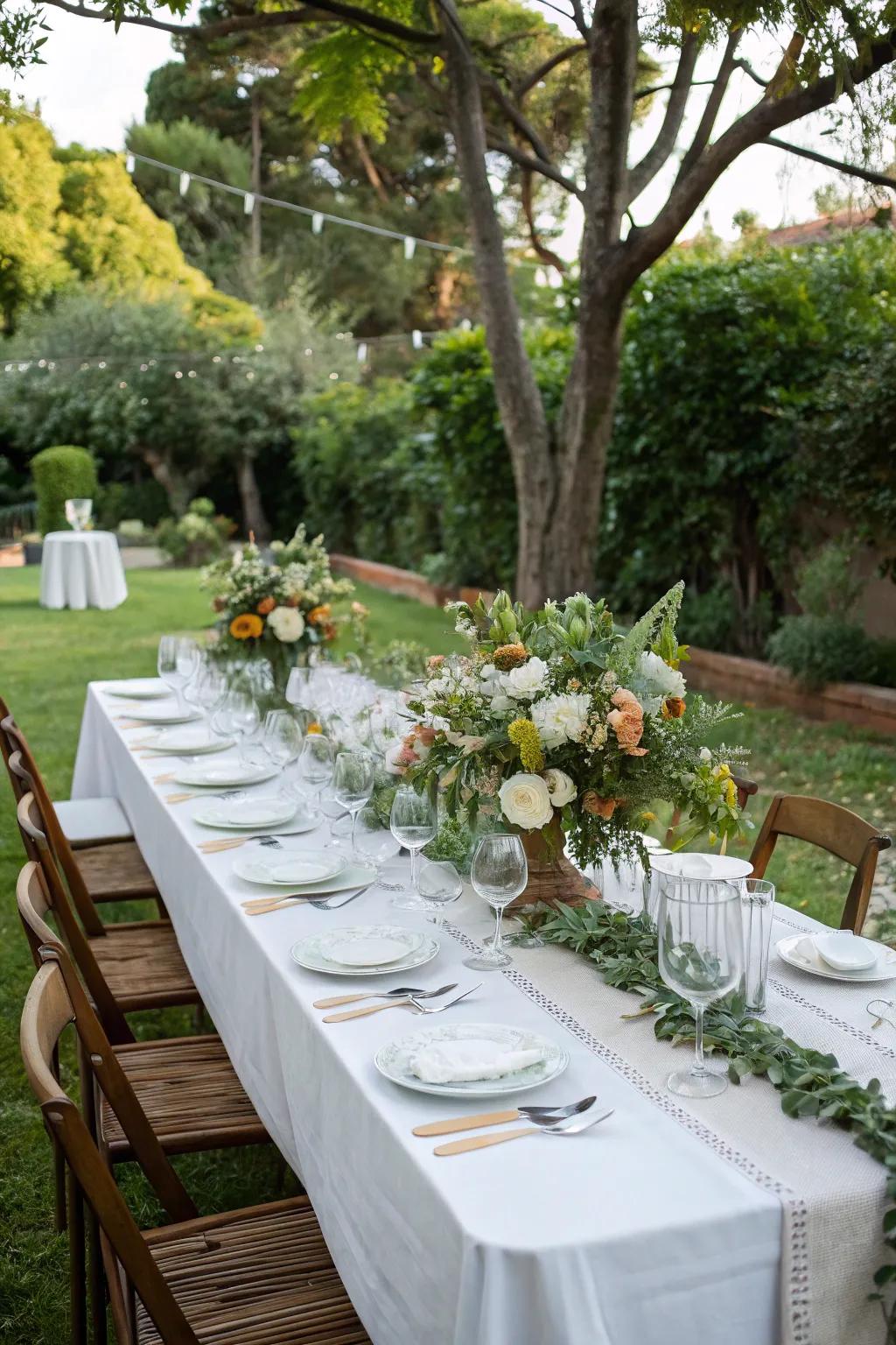 A sophisticated al fresco dining arrangement accentuated by a floral centerpiece and matching glassware.