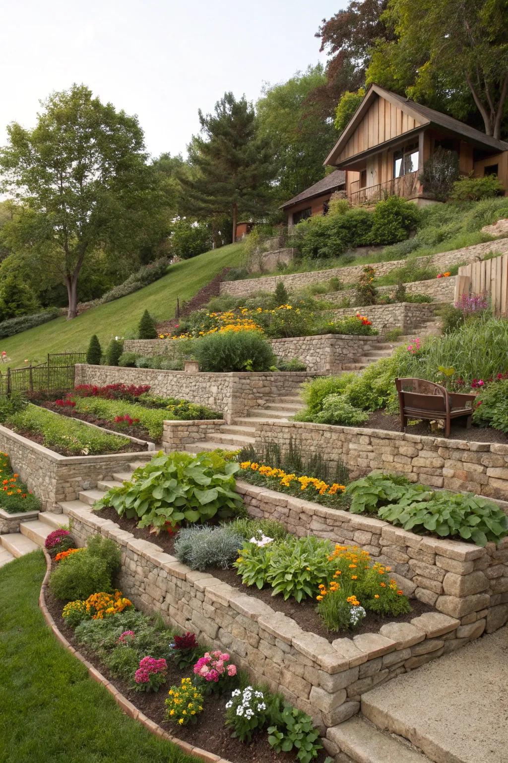 Terraced gardens make a sloped backyard beautiful and efficient.