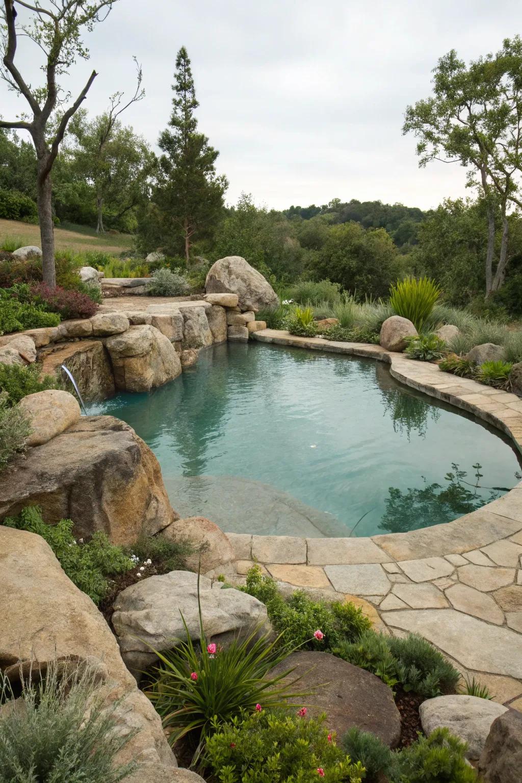 A kidney-shaped pool is beautifully synchronized with its organic landscaping.