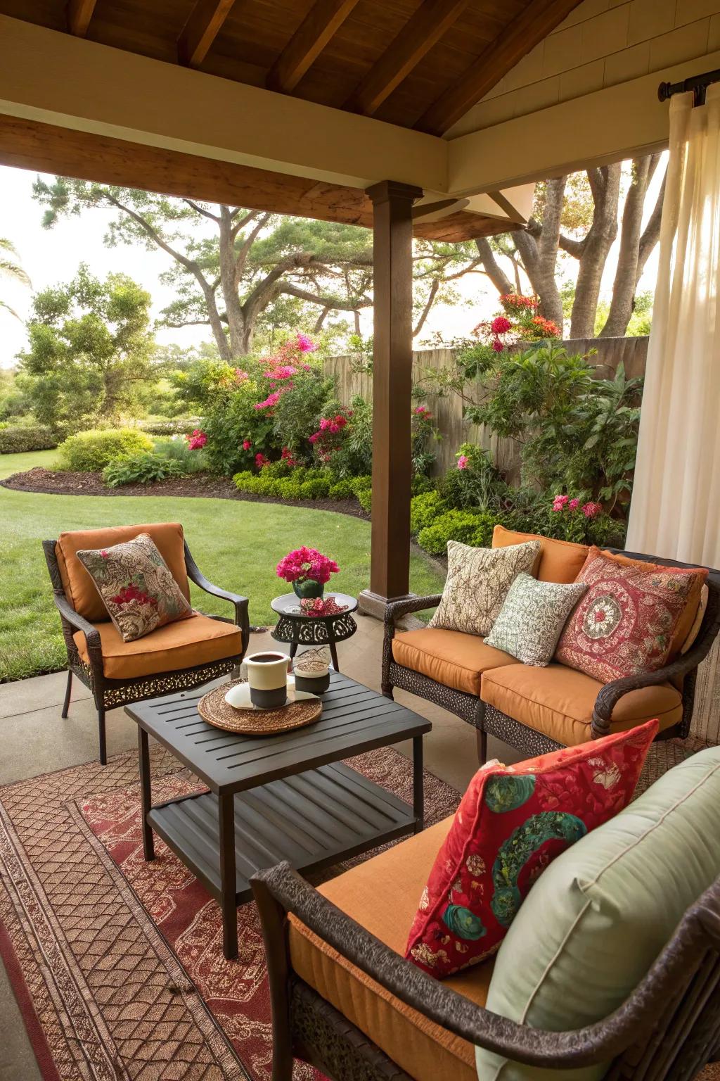 A snug corner seating arrangement in a backyard veranda featuring colorful pillows.