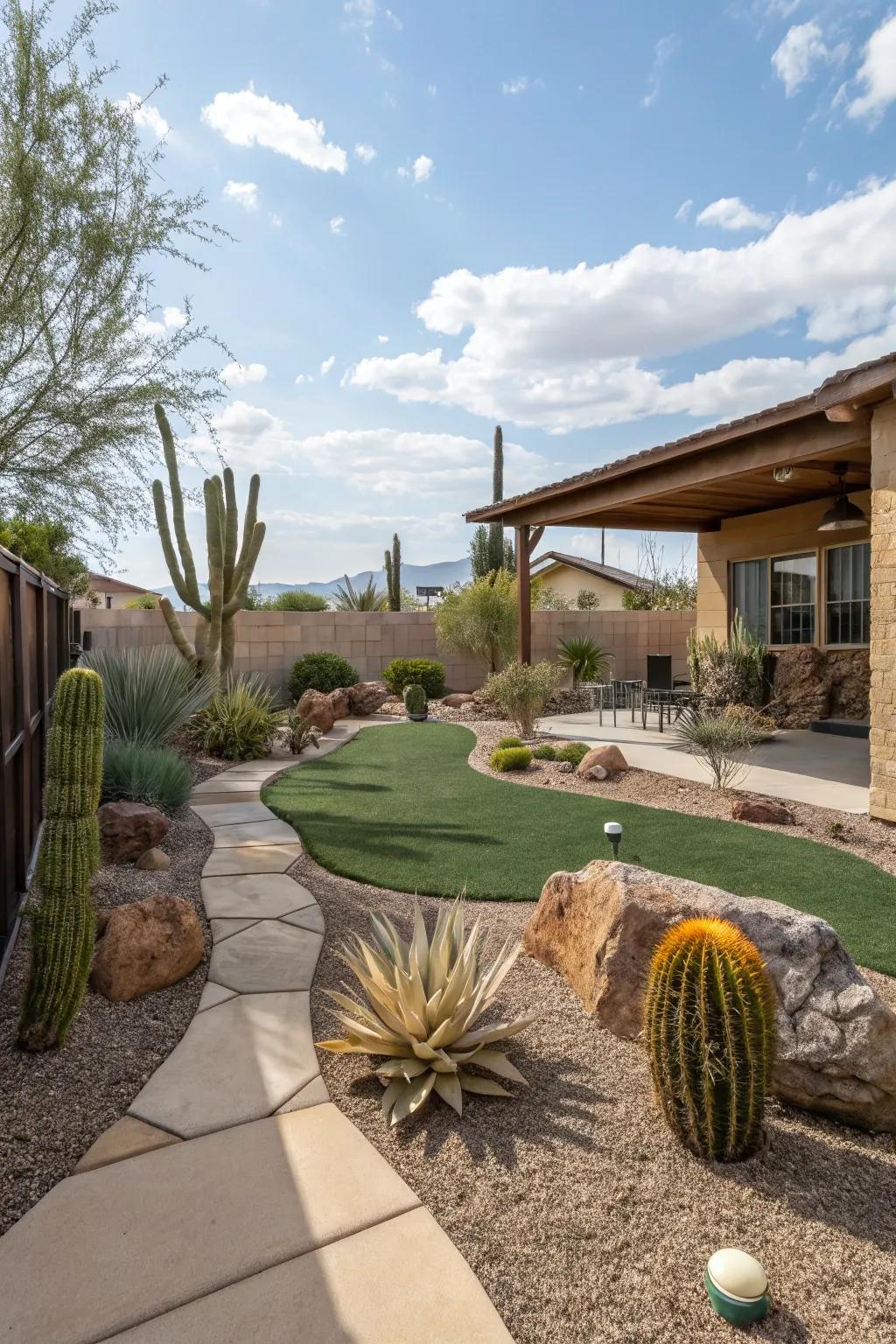 Synthetic lawn ensures a consistently verdant backyard with minimal maintenance.