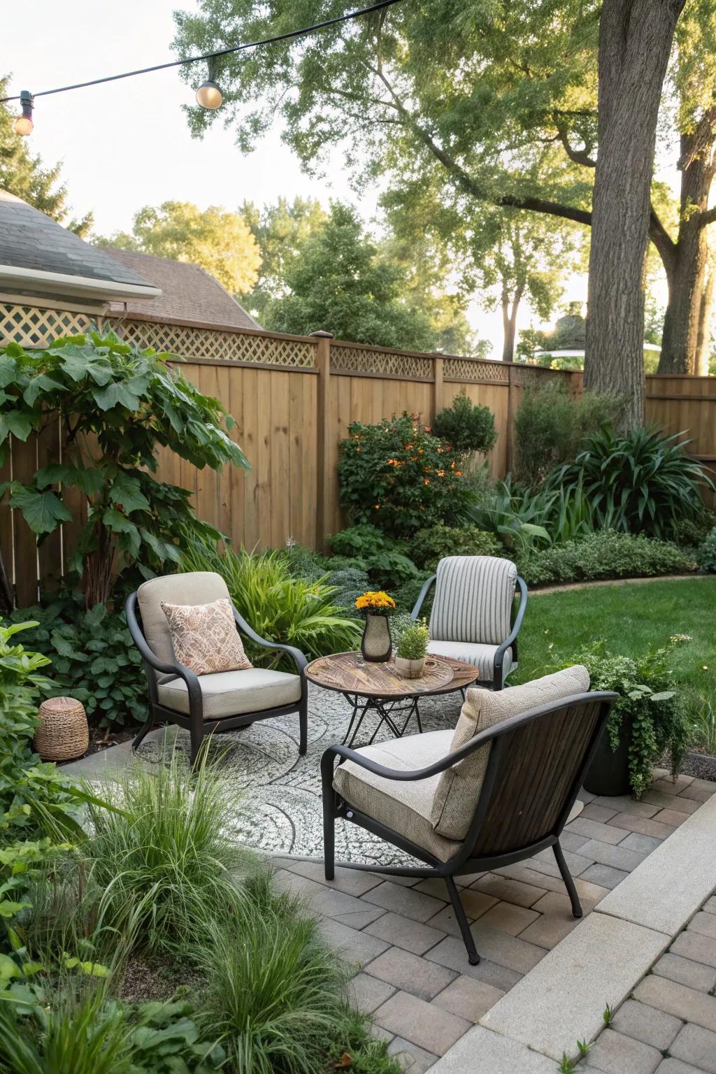 A welcoming seating space nestled within flourishing greenery.