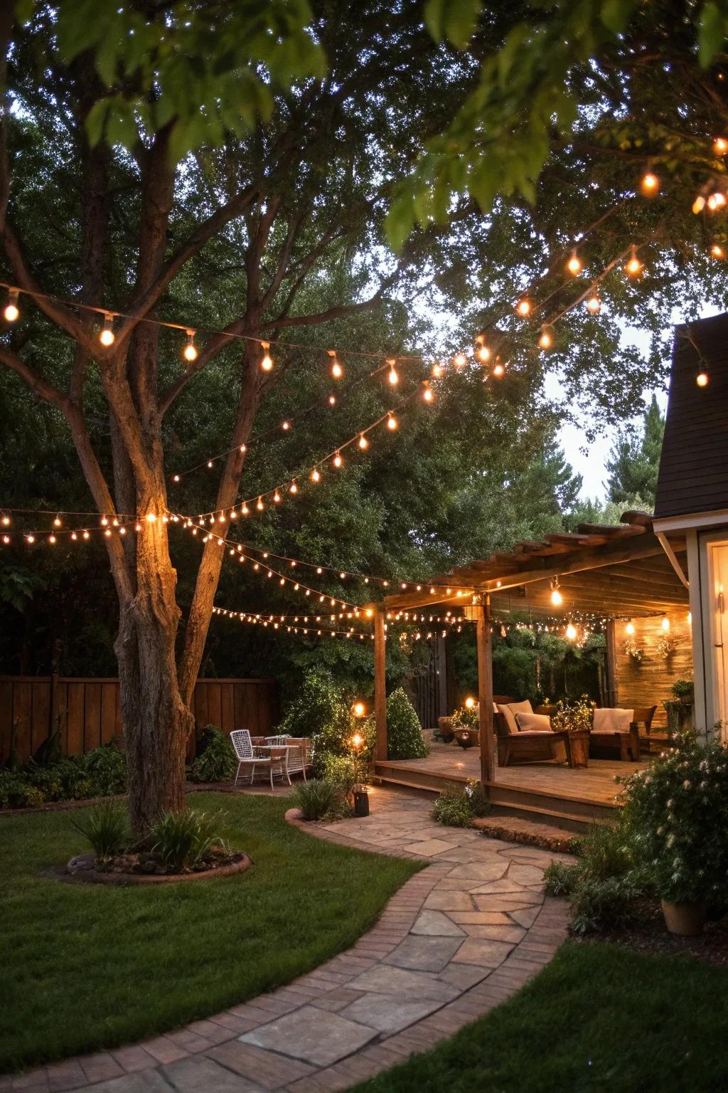 Twinkle lights lend a magical touch to any backyard party.