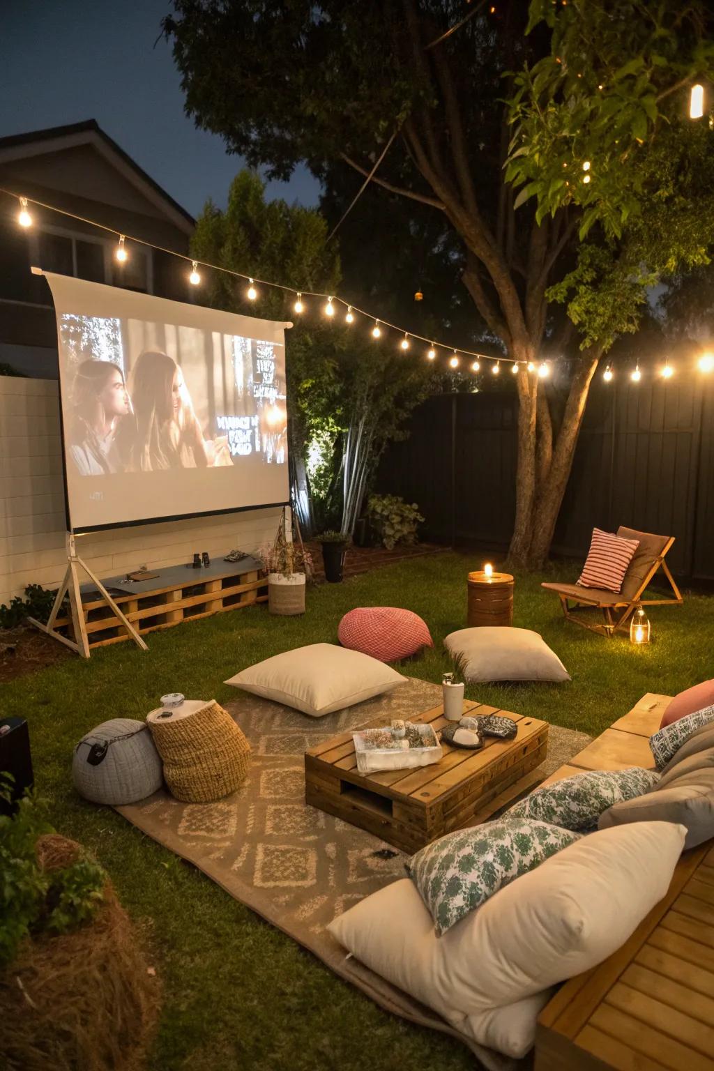 Combine various seating options for optimal relaxation during your outdoor cinema event.