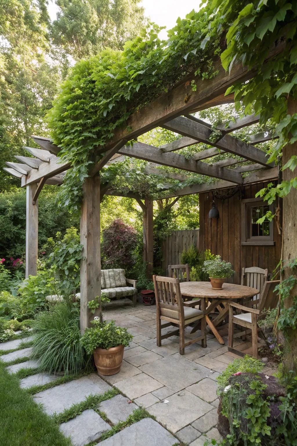 A charming arbor made from reclaimed wood, offering both shade and style.