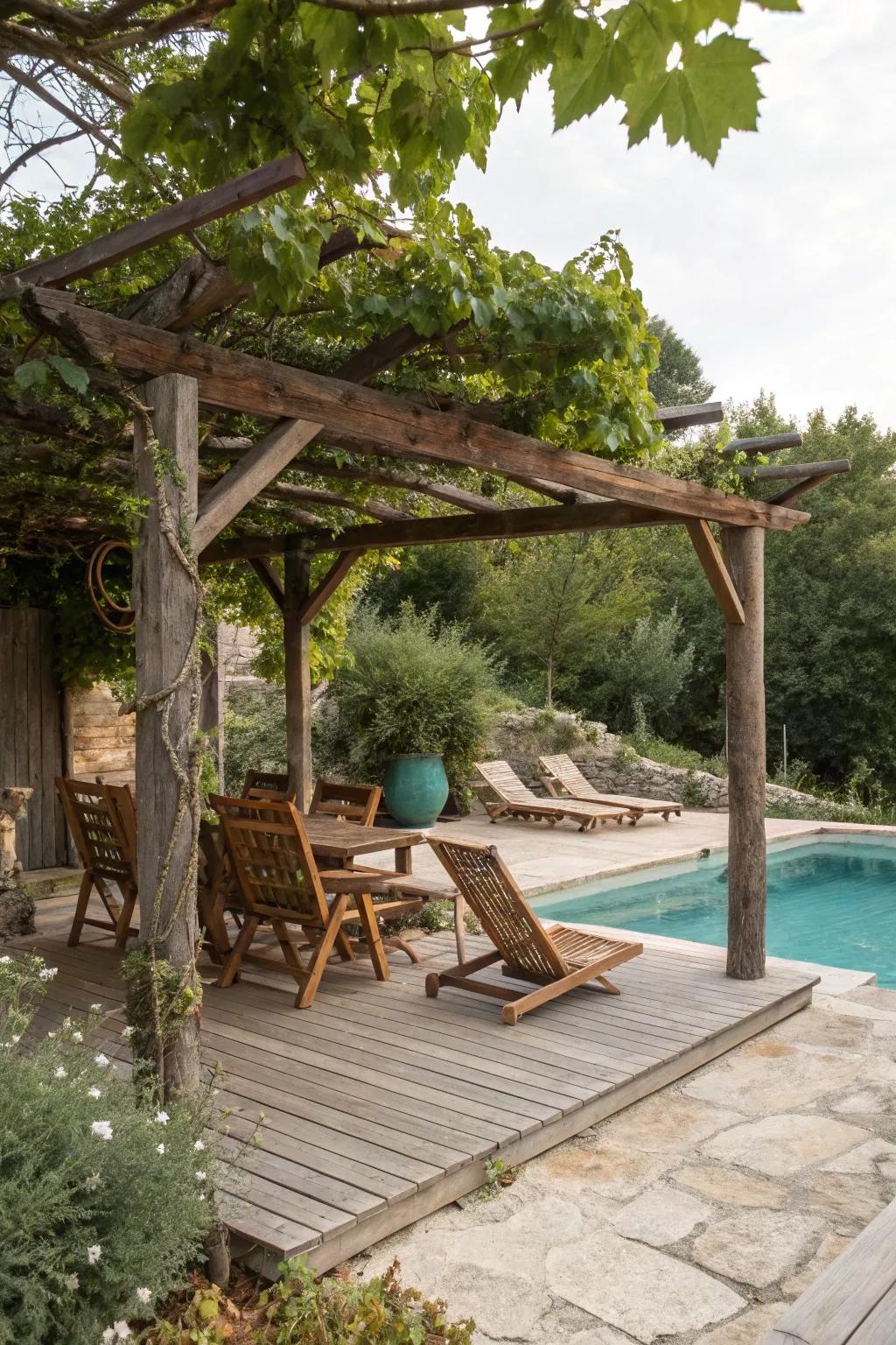 A rustic wooden pergola establishes an inviting, warm poolside ambiance.