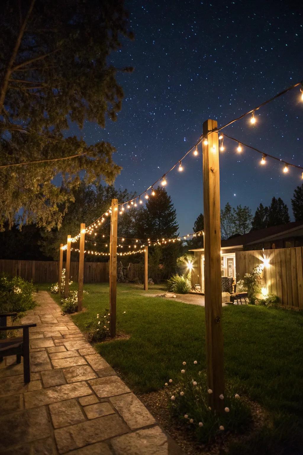 Craft a whimsical ambiance with lights artfully wound around posts in your backyard.
